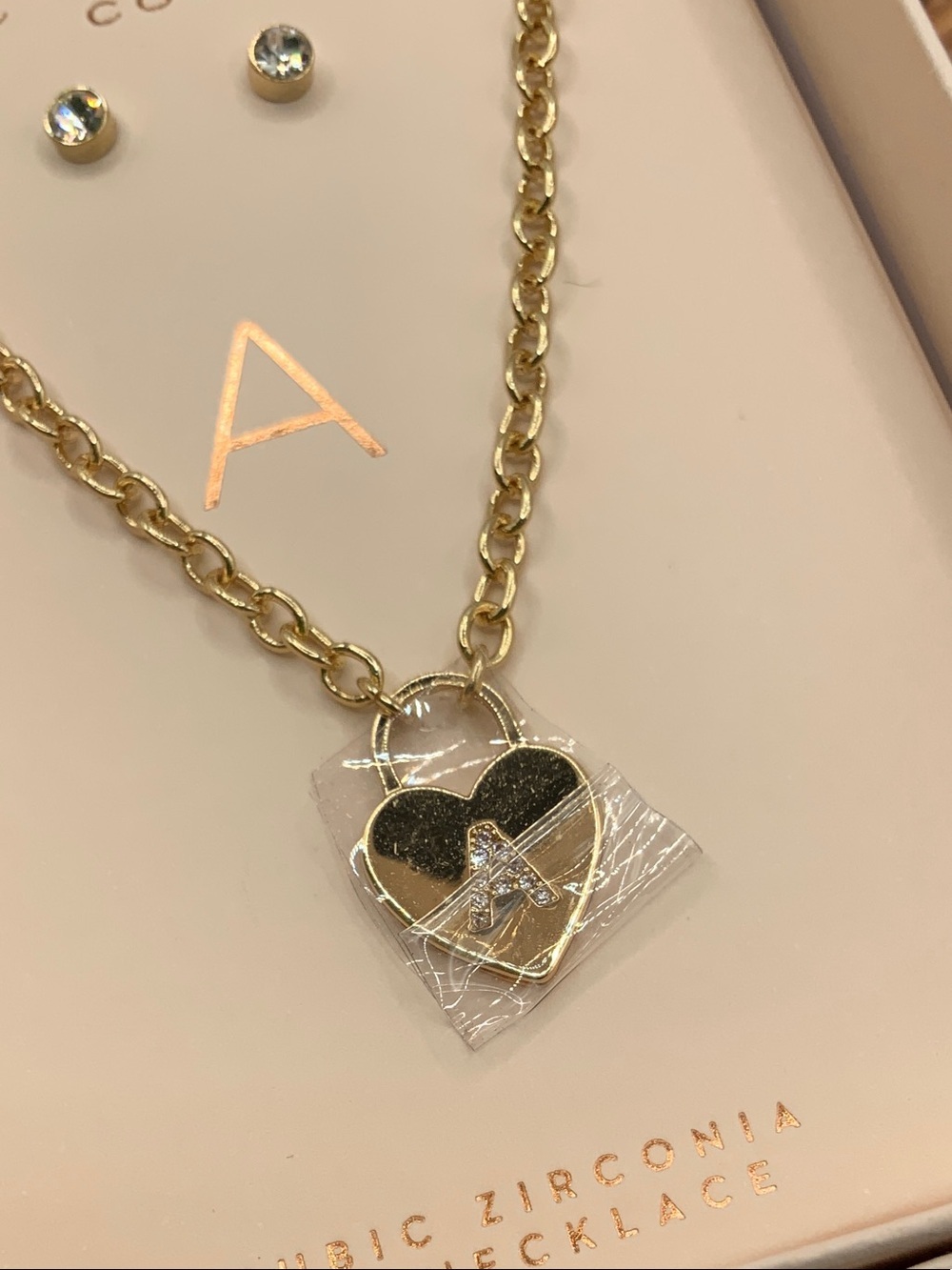 LC Lauren Conrad Gold Tone Heart Padlock with Crystal 'A' Accent Necklace Set